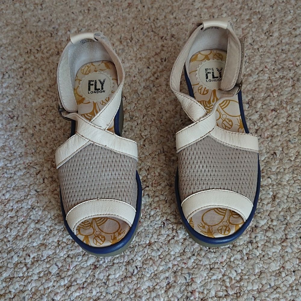 FLY London yace wedge Heels Open Toe Sandals offwhite & blue size 37
